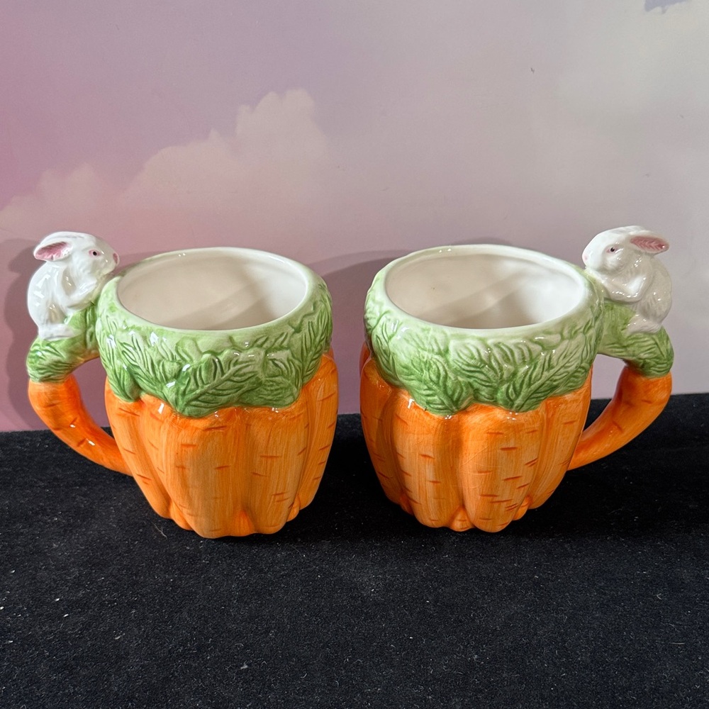 This is a pair of vintage Wang's International 1993 bunny carrot mugs